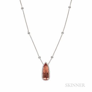 18kt White Gold, Topaz, and Diamond Pendant and Chain, set with a pear-shape topaz weighing 11.57 cts., framed by full-cut diamonds, an