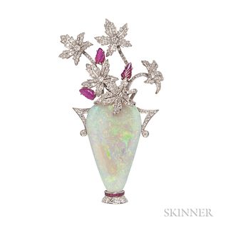 Evelyn Clothier Platinum, Opal, and Ruby Flowerpot Brooch, the opal vase with full- and single-cut diamonds, and carved and calibre-cut