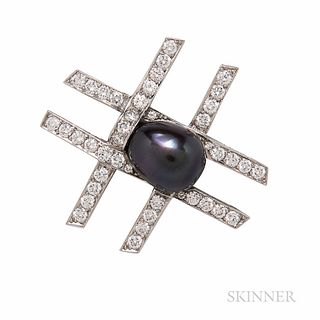 Paloma Picasso for Tiffany & Co. Platinum, Tahitian Pearl, and Diamond "Tic Tac Toe" Brooch, set with a semi-baroque Tahitian pearl mea