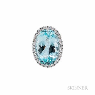 18kt White Gold, Aquamarine, and Diamond Ring, the oval-cut aquamarine weighing 32.62 cts., framed by full-cut diamonds, with diamond g