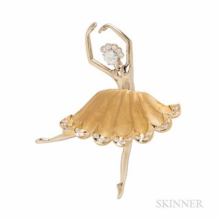 18kt Gold and Diamond Ballerina Brooch, set with an oval-cut diamond weighing approx. 0.50 cts., and full-cut diamonds, approx. total w