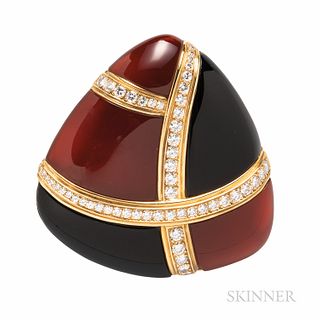 18kt Gold, Hardstone, and Diamond Brooch, set with buff-top onyx and carnelian, full-cut diamond accents, approx. total wt. 2.00 cts.,