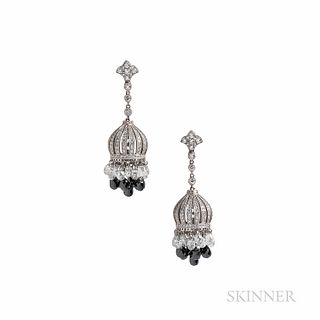 Platinum and Diamond Earrings, designed as tassels with black diamond and diamond briolettes, the caps set with full-cut diamonds, lg.