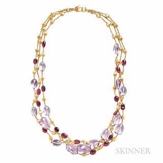 Marco Bicego 18kt Gold Gem-set Necklace, three-strand necklace of amethyst and pink tourmaline beads, 69.0 dwt, lg. 23 in.