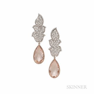18kt Bicolor Gold, Morganite, and Diamond Earrings, with rose- and full-cut diamond foliate tops, approx. total wt. 6.00 cts., suspendi
