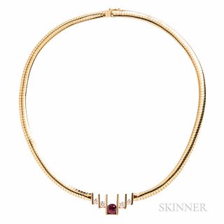 14kt Gold, Ruby, and Diamond Necklace, set with a circular-cut ruby measuring approx. 7.30 x 4.60 mm, and full-cut diamonds, approx. to