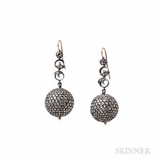Rose-cut Diamond Ball Earrings, pave-set with rose-cut diamonds, each ball measuring approx. 16.50 mm, silver and gold mount, 7.5 dwt,