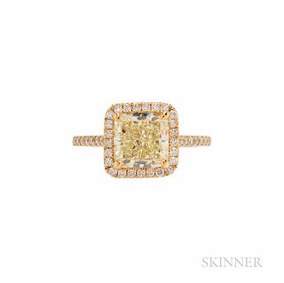 22kt Gold, Colored Diamond, and Diamond Ring, set with a radiant-cut diamond weighing 2.48 cts., and full-cut diamond melee, size 6 1/4