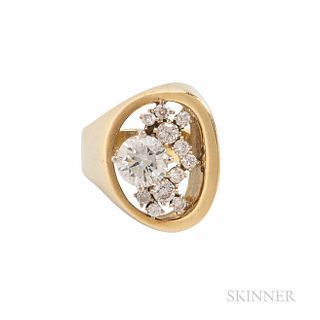 14kt Gold and Diamond Ring, the full-cut diamond weighing approx. 1.25 cts., and full- and single-cut diamond melee, 6.0 dwt, size 6 1/