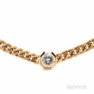 18kt Gold and Diamond Necklace, the pendant set with a full-cut diamond weighing 2.00 cts., curb-link chain, 29.7 dwt, lg. 16 1/2 in.