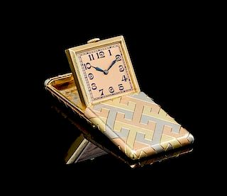 An Art Deco 18 Karat Tri Color Gold Travel Clock, IWC,