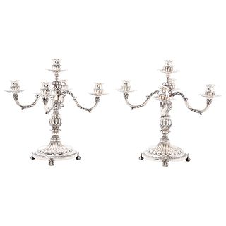 Pair of Candlesticks, Mexico, 20th century, ORTEGA Sterling Silver 0.925, Arms with acanthus-style designs, 6716 g