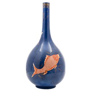 VASE, CHINA, 18th century, YUHUCHUNPING*  STYLE, Made in light blue porcelain, hand-decorated with figures of Koi fish, 17.3" (44 cm)