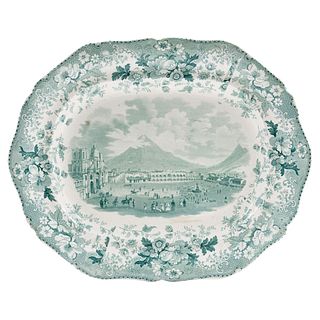 Platter, England, 19th century, DAVENPORT, Made in semi-porcelain, stamped decoration in green, 13.5 x 16.9" (34.5 x 43 cm)