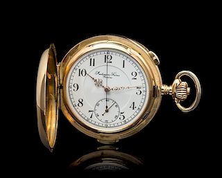 * A 14 Karat Yellow Gold Hunter Case Chronograph Quarter Repeating Pocket Watch, Audemars Freres,