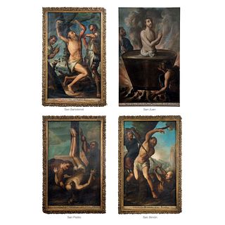 ANTONIO DE TORRES, MARTIROLOGIO (SANTOS BARTOLOMÉ, JUAN, PEDRO Y SIMÓN), Oil on canvas, 62.9 x 38.1" (160 x 97 cm), Pieces: 4