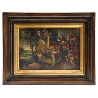 JESÚS, MARÍA Y JOSÉ VIAJANDO HACÍA JERUSALÉN, Flemish school, 18th century, Oil on copper sheet, 6.1 x 8.6" (15.5 x 22 cm)