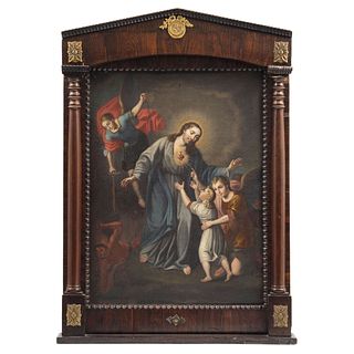 SAGRADO CORAZÓN DE JESÚS (CON EL ÁNGEL DE LA GUARDA Y SAN MIGUEL ARCÁNGEL), MÉXICO, 19th century, Oil on canvas, 21.4 x 15.7" (54.5 x 40 cm)