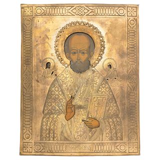 ICON, RUSSIA, 19th century, SAN NICOLÁS, Oil on board, with golden metal covering, 13.3 x 10.6" (34 x 27 cm)