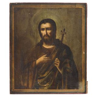 ICON, RUSSIA, CA. 1900, SAN JUAN BAUTISTA, Oil on wood, Conservation details, 12.7 x 10.8" (32.5 x 27.5 cm)