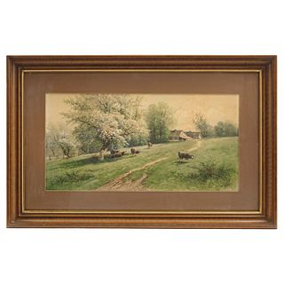 CARL WEBER (USA, 1855-1935), PAISAJE CAMPIRANO CON VACAS, Watercolor on paper, Signed, 13.3 x 26.9" (34 x 68.5 cm)