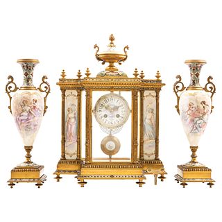 Decorative Items, FRANCE, CA. 1900, Consists of watch and sidepices in gilt bronze and porcelain, 18.3" (46.5 cm), Pieces: 3