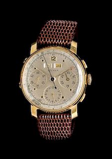 A 14 Karat Yellow Gold Triple Calendar Chronograph Wristwatch, Eterna, Circa 1949,