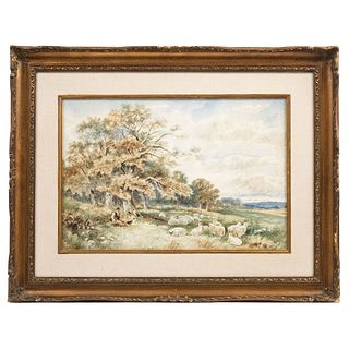 DAVID BATES (ENGLAND, 1840/41-1921), PASTOR CON REBAÑO DE OVEJAS, Watercolor on paper, Signed, 13.9 x 20.6" (35.5 x 52.5 cm)