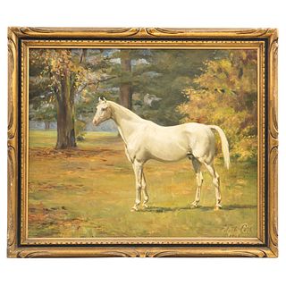 SIGNED EDITH LESK, ENGLAND, 19th century, CABALLO BLANCO, Oil on canvas, Dated 1908, Conservation details, 19 x 23.2" (48.5 x 59 cm)