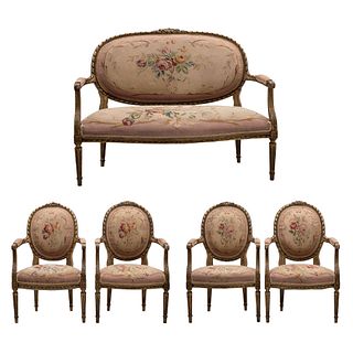 LIVING ROOM SET, FRANCE, 19th century, LOUIS XVI STYLE, Consists of love-seat and four armchairs, made of gilded wood, Pieces: 5