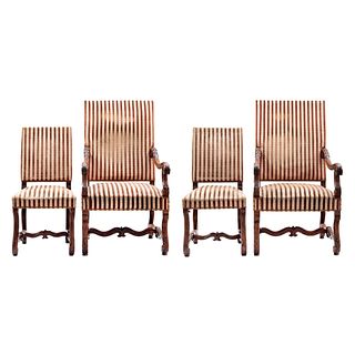 SET OF ARMCHAIRS AND CHAIRS, FRANCE, 19th century, Made of wood, curved arms and supports, Pieces: 4
