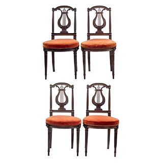 LOT OF CHAIRS, FRANCE, CA. 1900, Made of wood, lyre-like backs, striated design front legs, Pieces: 4
