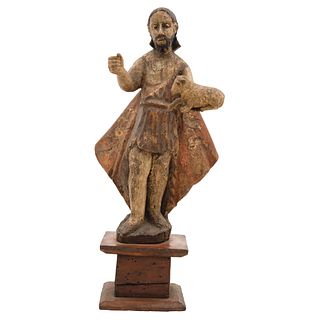 SAN JUAN BAUTISTA, MÉXICO, 18th century, Carved in polychrome wood with Agnus Dei, 16.9" (43 cm) in height