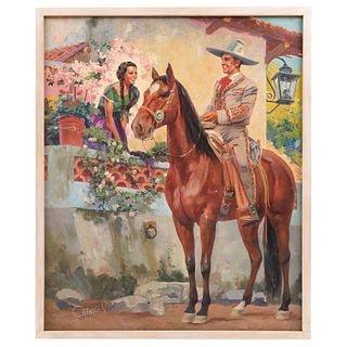 EDUARDO CATAÑO (Nayarit, México, 1910 - Mexico City, 1964), CHARRO Y CHINA, Oil on fibercel, Signed, 32.6 x 26.7" (83 x 68 cm)