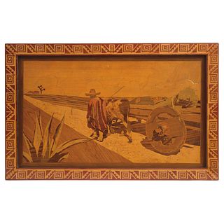 CAMPESINO CON CARRETA, MÉXICO, 20th century, Made in marquetry, Conservation details, 18.1 x 29.9" (46 x 76 cm)