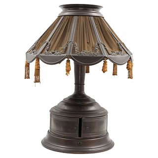 LAMP WITH PHONOGRAPH, USA, 20th century, In patinated metal and cloth shade, Electric Phonograph Corp, 31.4" (80 cm)