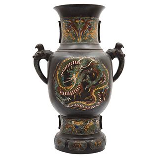 VASE, CHINA, 19th century, In patinated brass and Cloisonné enamel, handles in the manner of birds, decorated with dragons, 26.3" (67 cm)