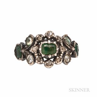 Antique Gem-set Ring, with foil-back green stones and rose-cut diamonds, silver-topped gold mount, size 7 3/4.