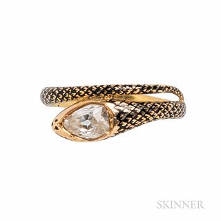 Antique Gold, Enamel, and Diamond Snake Ring, set with an old pear-shape diamond, size 7.