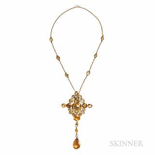 Gold, Citrine, and Diamond Pendant, set with faceted fancy-cut citrines and a buff-top citrine heart, old European-cut diamond accent,