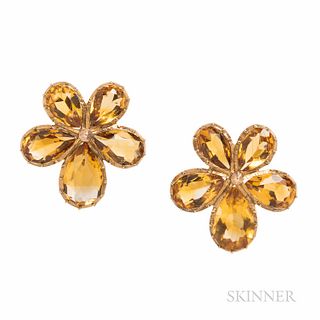 Antique Gold and Citrine Pansy Earrings, 6.1 dwt, lg. 15/16 in.