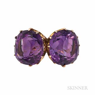 Gold and Amethyst Twin-stone Ring, set with two cushion-cut amethysts, 3.9 dwt, size 4 3/4.