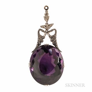 Antique Amethyst and Diamond Pendant, the large oval faceted amethyst measuring approx. 31.00 x 26.00 mm, surmounted by rose-cut diamon