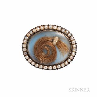 Georgian Gold and Hairwork Mourning Brooch, c. 1802, set with a lock of hair, and framed by split pearls, lg. 7/8 in.