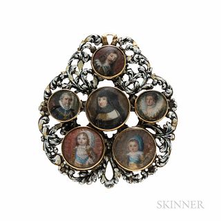 Portrait Miniature and Enamel Pendant, probably late 17th/early 18th century, set with six miniatures of elegantly attired figures from