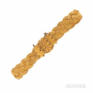 Victorian Gold Bracelet, designed as a braid, the clasp with bead and ropework accents, 9.1 dwt, interior cir. 6, wd. 3/8 in.