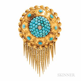 Victorian Gold and Turquoise Brooch, set with cabochon turquoise, and suspending a fringe, reverse with compartment, dia. 1 7/16, lg. 2