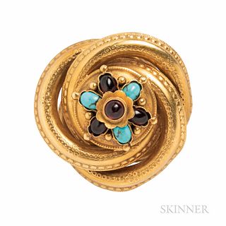 Victorian Gold, Turquoise, and Garnet Brooch, set with cabochons, 6.4 dwt, dia. 1 7/16 in.