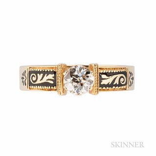 14kt Gold and Diamond Ring, the old European-cut diamond weighing approx. 0.50 cts., black enamel shoulders, 2.9 dwt, size 6 1/2.