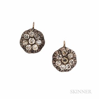 Antique Diamond Earrings, set with old European-cut diamonds, approx. total wt. 1.25 cts., silver-topped gold mounts, lg. 1/2 in.